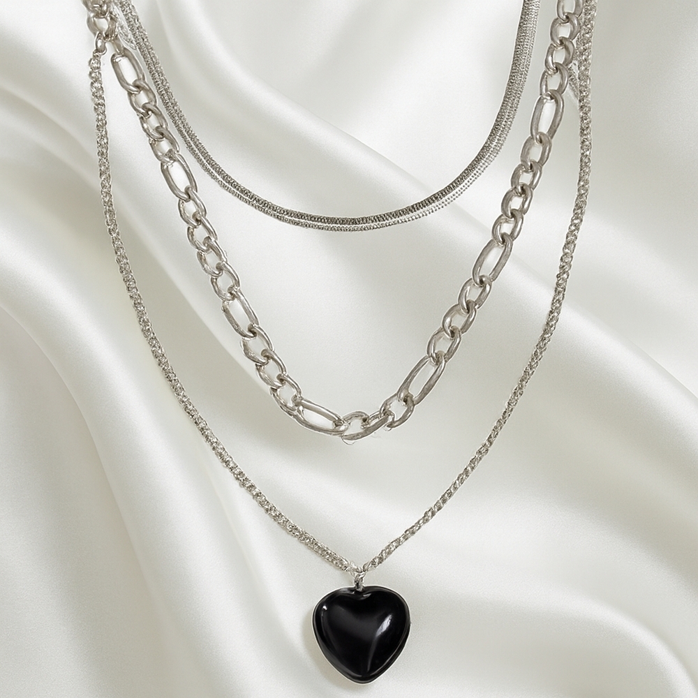 Layered Silver Necklace with Mood Heart Pendant – Color-Changing Charm Jewelry